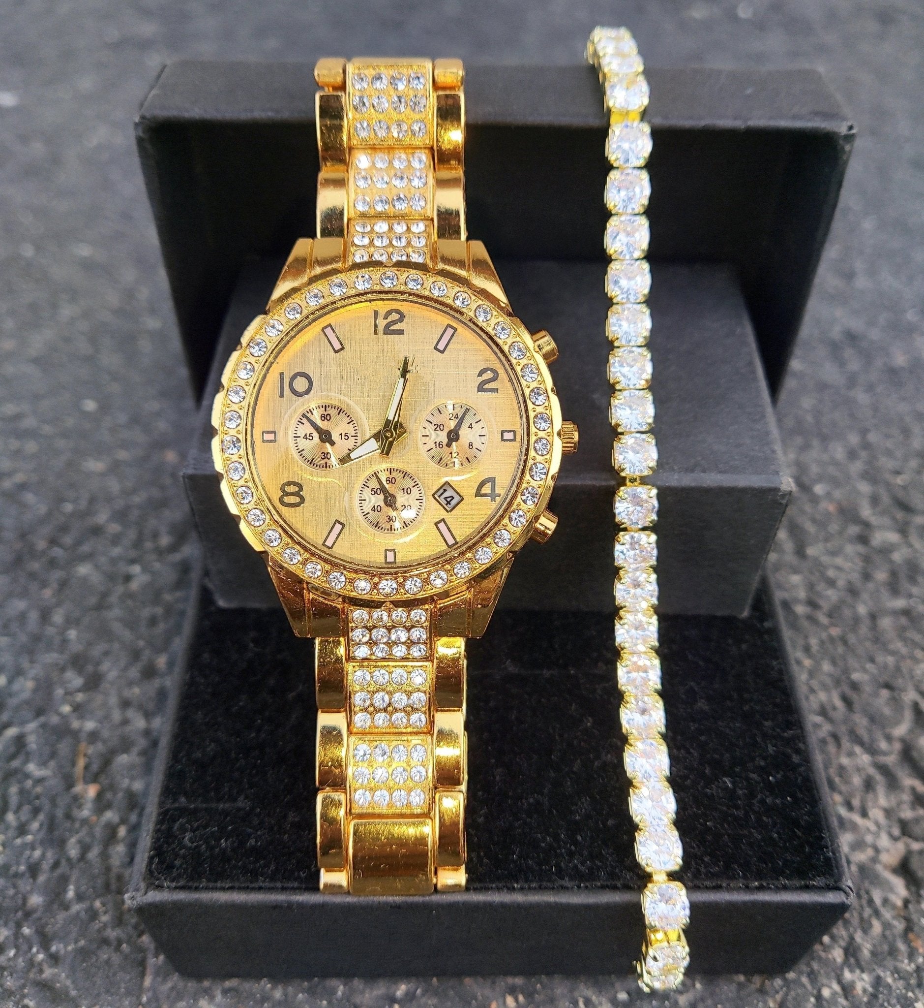 18k Gold Diamond Icy Watch Set - Drip Culture Jewelry