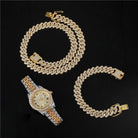18k Gold Diamond Prong Cuban Link Watch Set (3 Pieces) - Drip Culture Jewelry