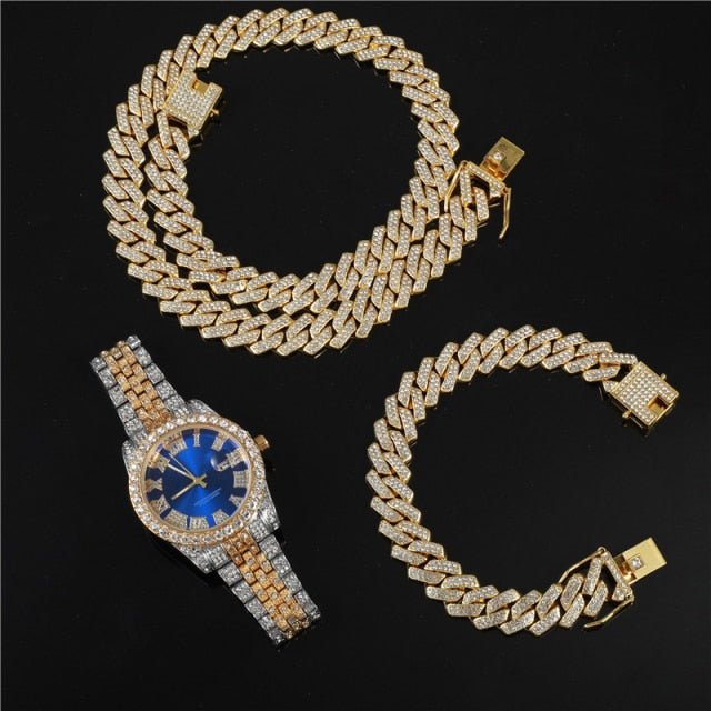 18k Gold Diamond Prong Cuban Link Watch Set (3 Pieces) - Drip Culture Jewelry