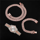18k Gold Diamond Prong Cuban Link Watch Set (3 Pieces) - Drip Culture Jewelry