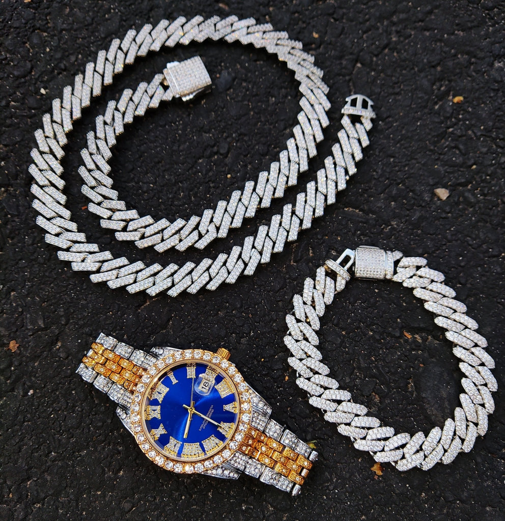 18k Gold Diamond Prong Cuban Link Watch Set (3 Pieces) - Drip Culture Jewelry