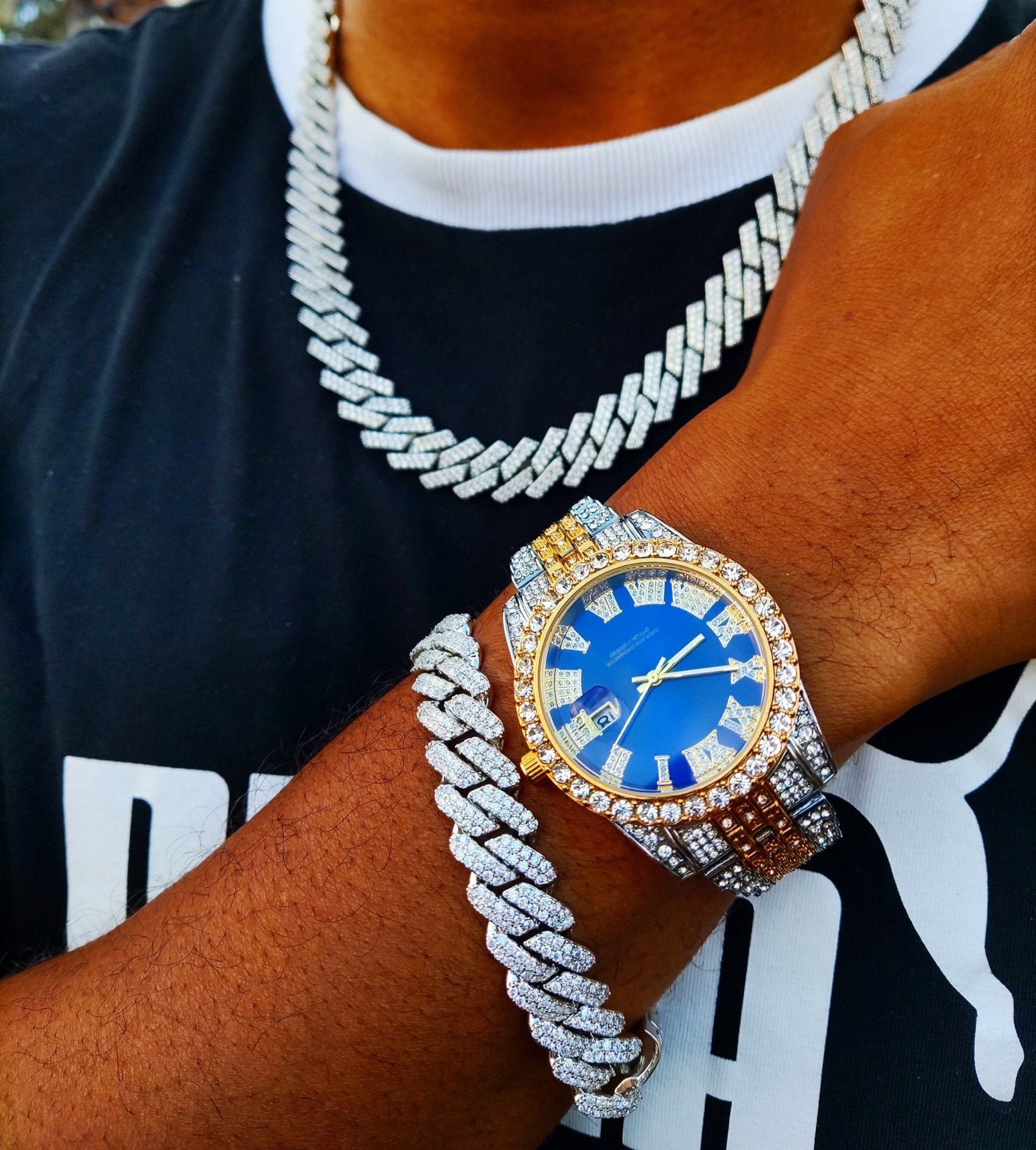 18k Gold Diamond Prong Cuban Link Watch Set (3 Pieces) - Drip Culture Jewelry