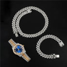 18k Gold Diamond Prong Cuban Link Watch Set (3 Pieces) - Drip Culture Jewelry