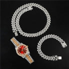 18k Gold Diamond Prong Cuban Link Watch Set (3 Pieces) - Drip Culture Jewelry