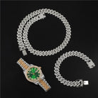18k Gold Diamond Prong Cuban Link Watch Set (3 Pieces) - Drip Culture Jewelry