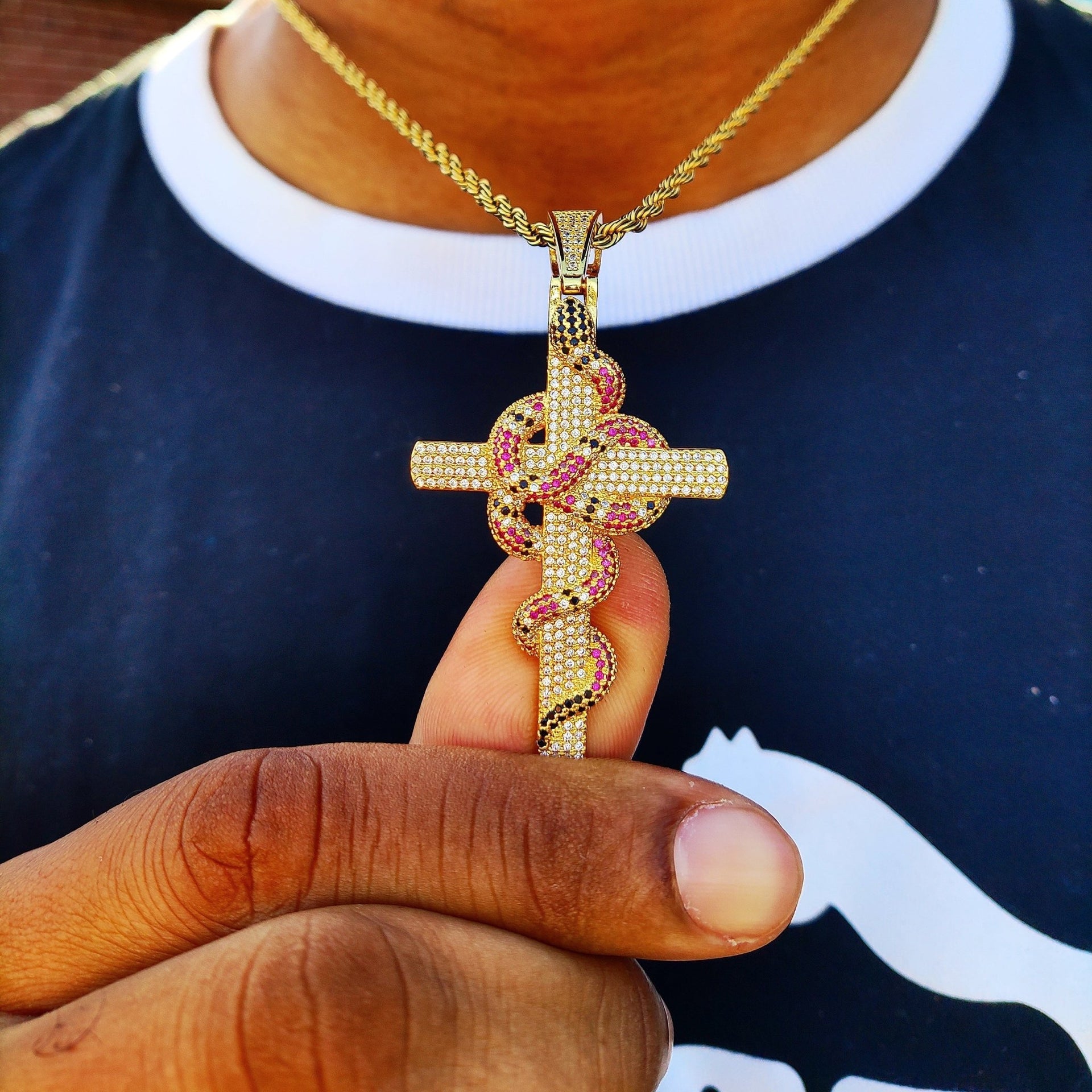 18K Gold Diamond Snake Cross Snake Cross Pendant Gold Snake