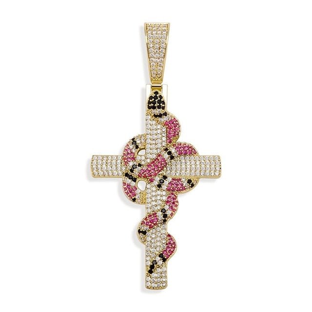 18K Gold Diamond Snake Cross - Drip Culture Jewelry