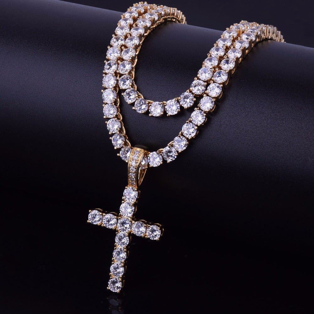 18K Gold Diamond Tennis Cross Set - Drip Culture Jewelry