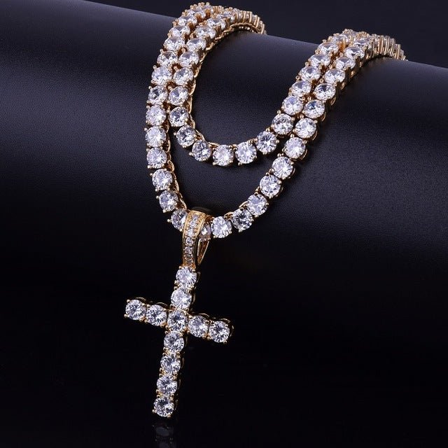 18K Gold Diamond Tennis Cross Set - Drip Culture Jewelry