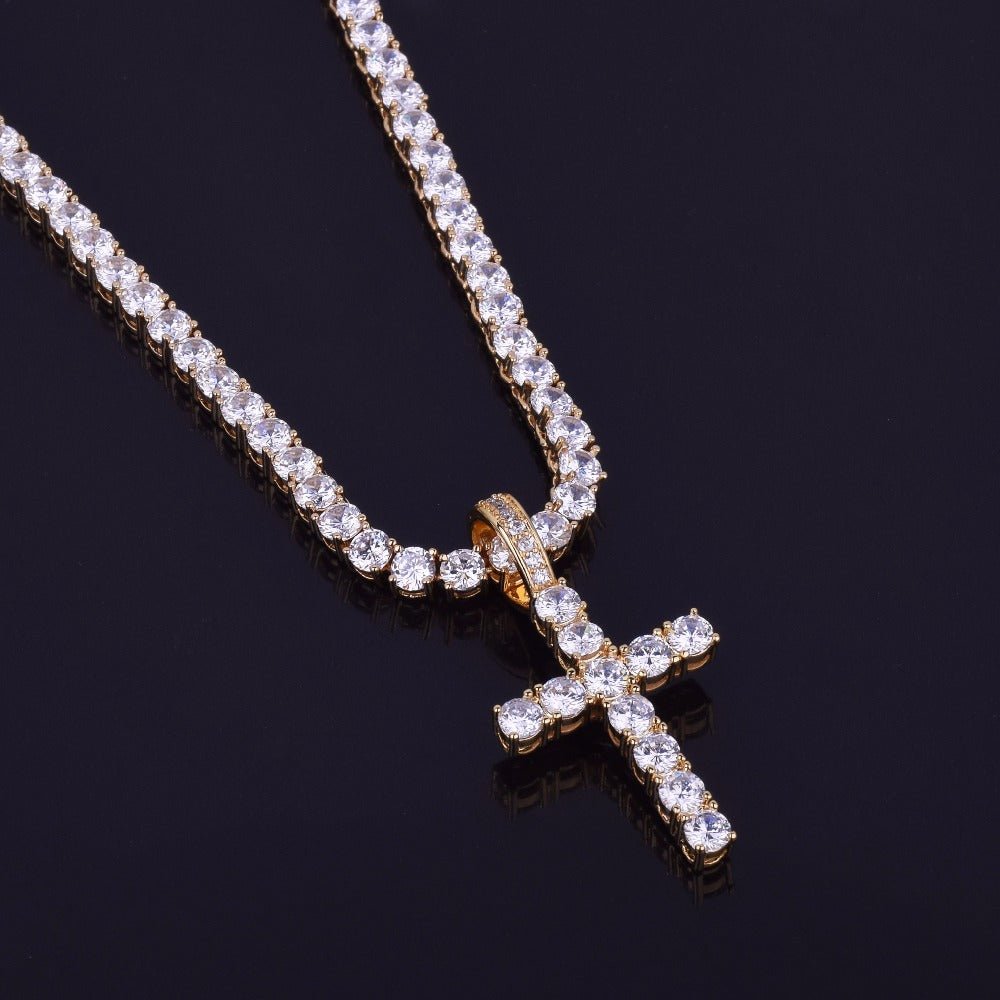 18K Gold Diamond Tennis Cross Set - Drip Culture Jewelry