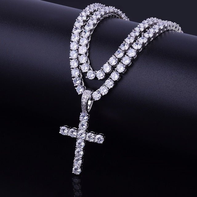 18K Gold Diamond Tennis Cross Set - Drip Culture Jewelry