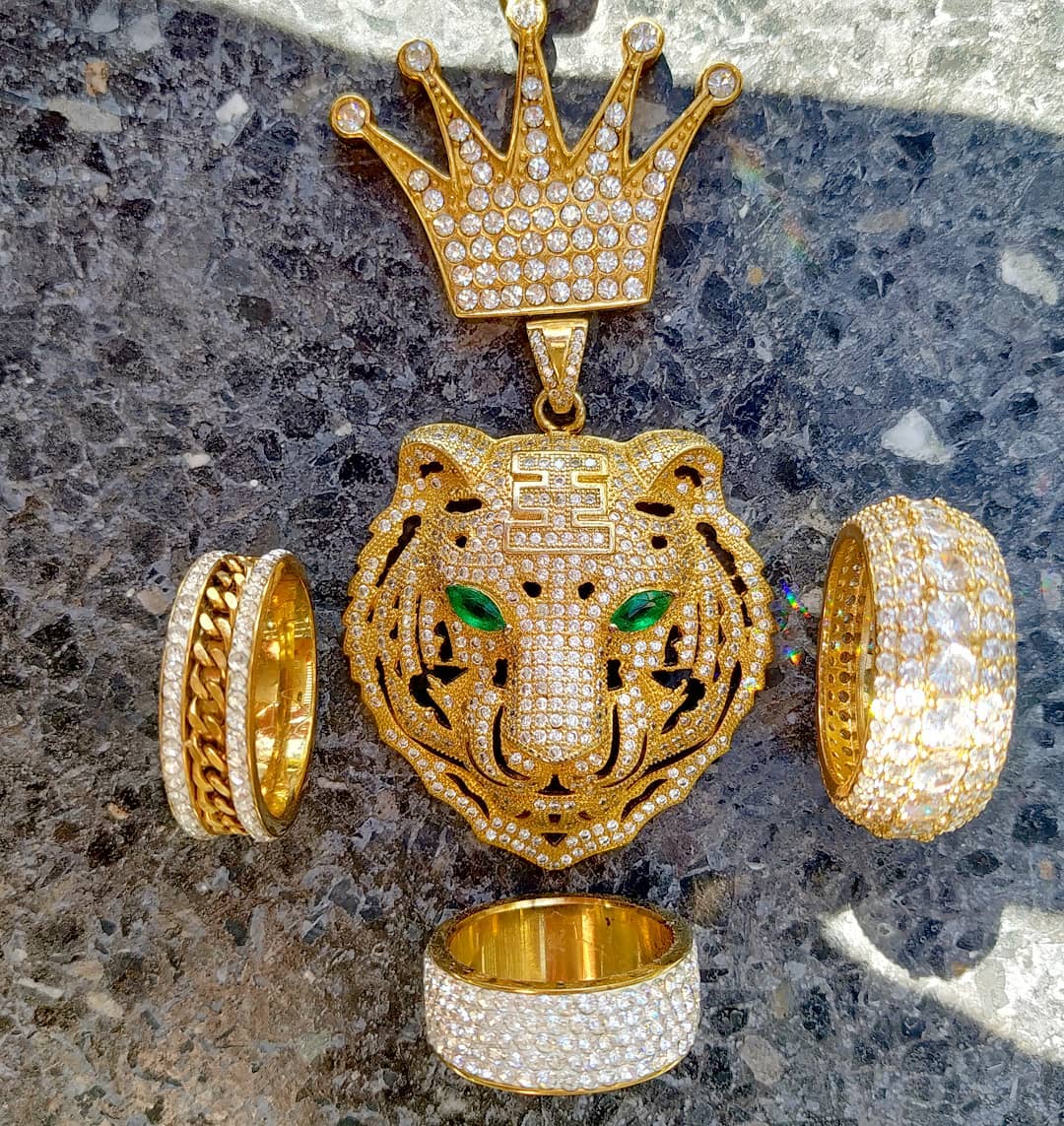 18K Gold Icy Emerald Eye Tiger - Drip Culture Jewelry