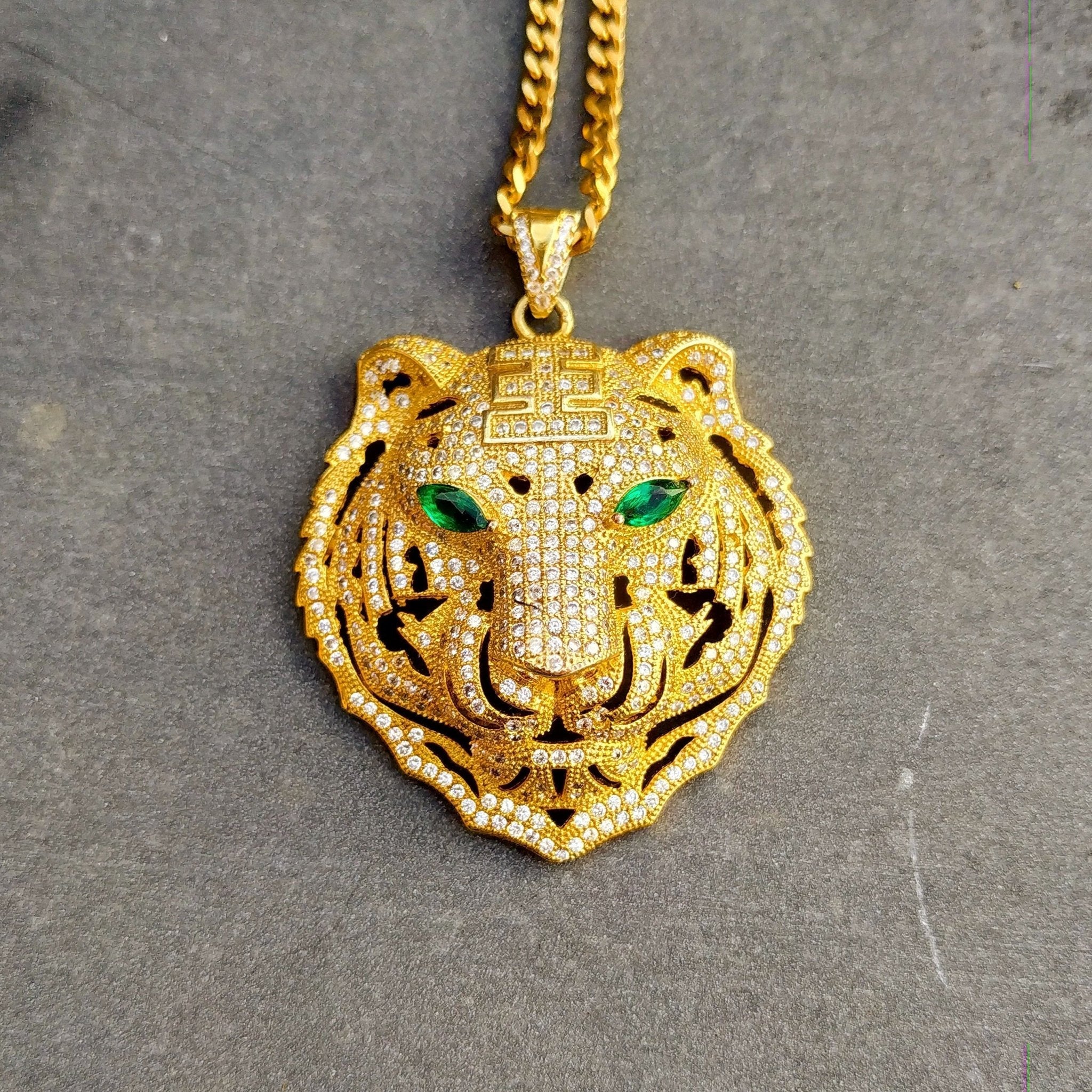 18K Gold Icy Emerald Eye Tiger - Drip Culture Jewelry