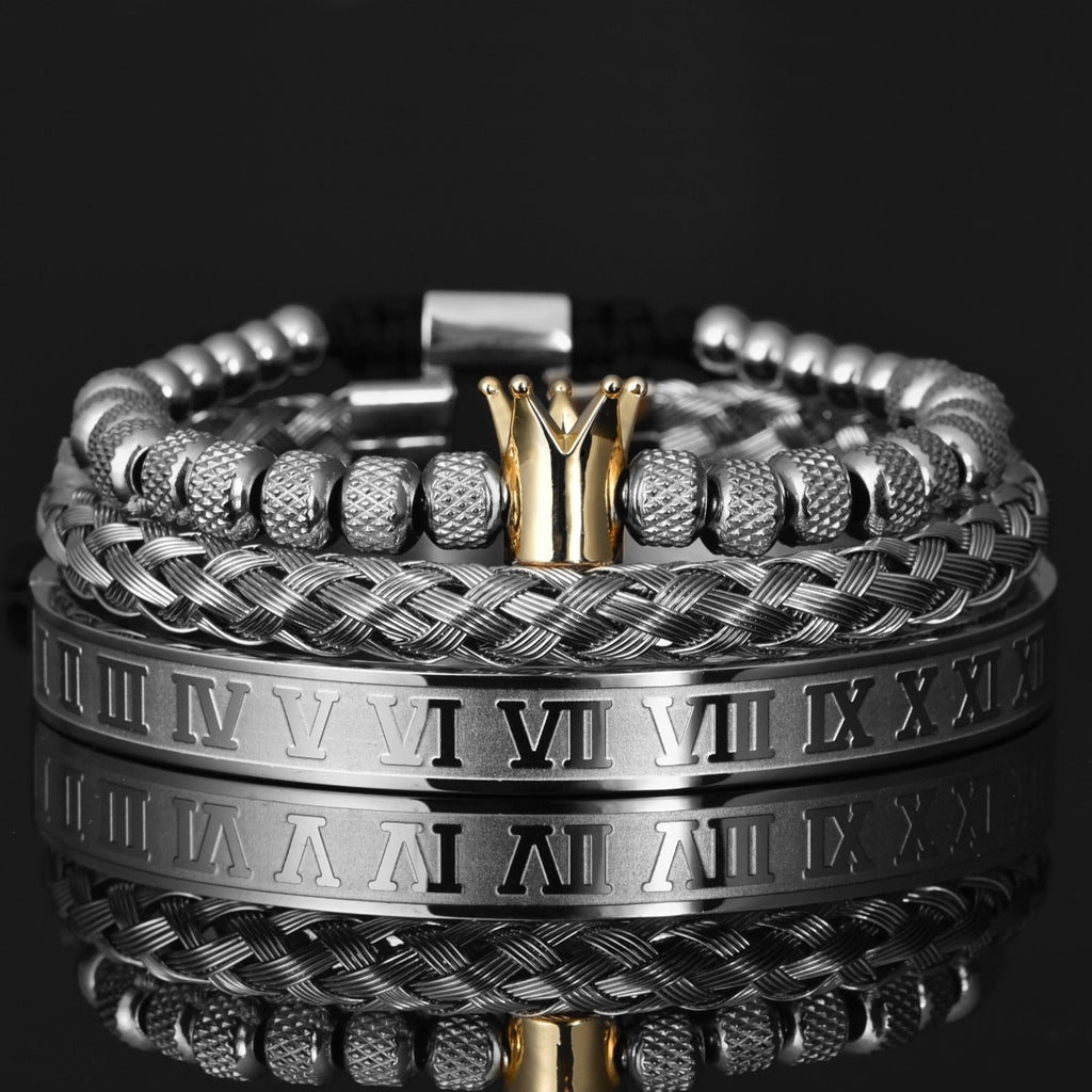 Crown Roman Numerals Rope Bracelet Set (3 Pieces) - Drip Culture Jewelry