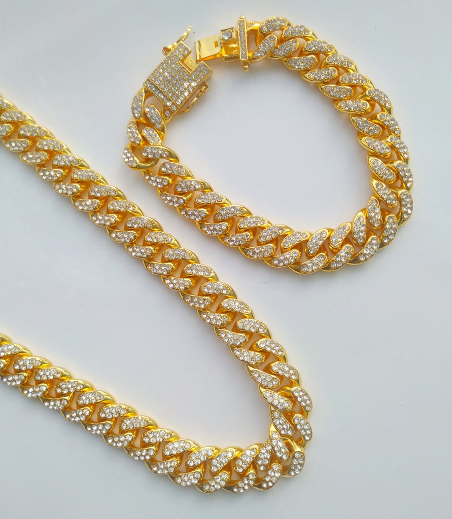 Premium 13mm 18k Gold Diamond Miami Cuban Link Set ( 2 Pieces ) - Drip Culture Jewelry