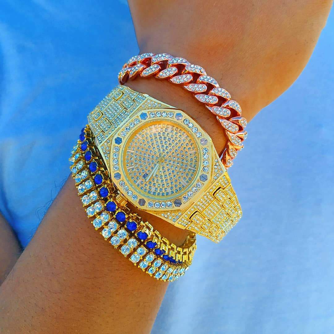 Premium 18K Gold Miami Cuban Link Watch Set ( 3 Pieces ) - Drip Culture Jewelry