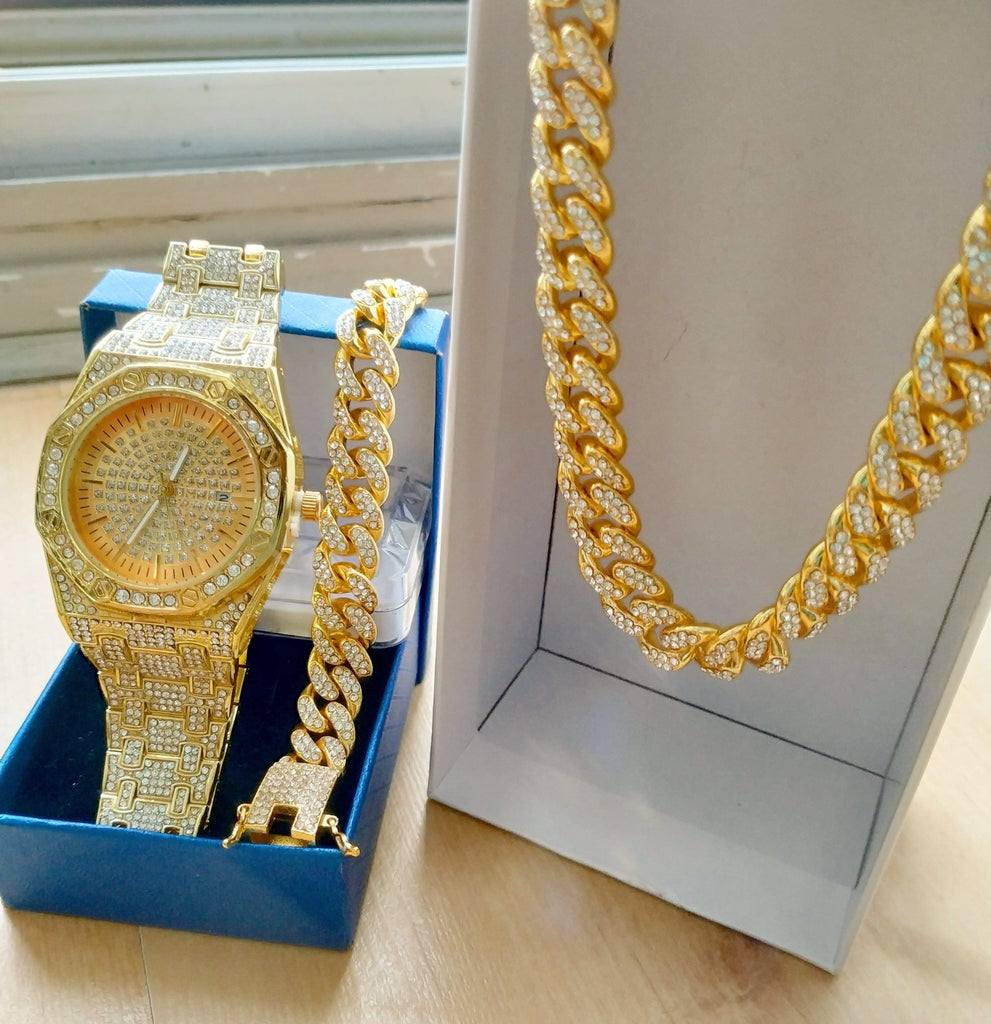 Premium 18K Gold Miami Cuban Link Watch Set ( 3 Pieces ) - Drip Culture Jewelry